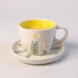 Floral Ceramic Tea Cup and Saucer Set - Yellow and White